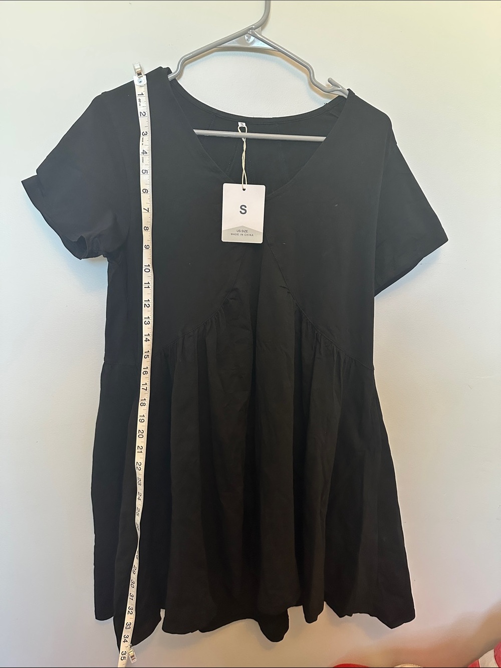 Black V-Neck Short Sleeve Babydoll Dress With Pockets - Size Small